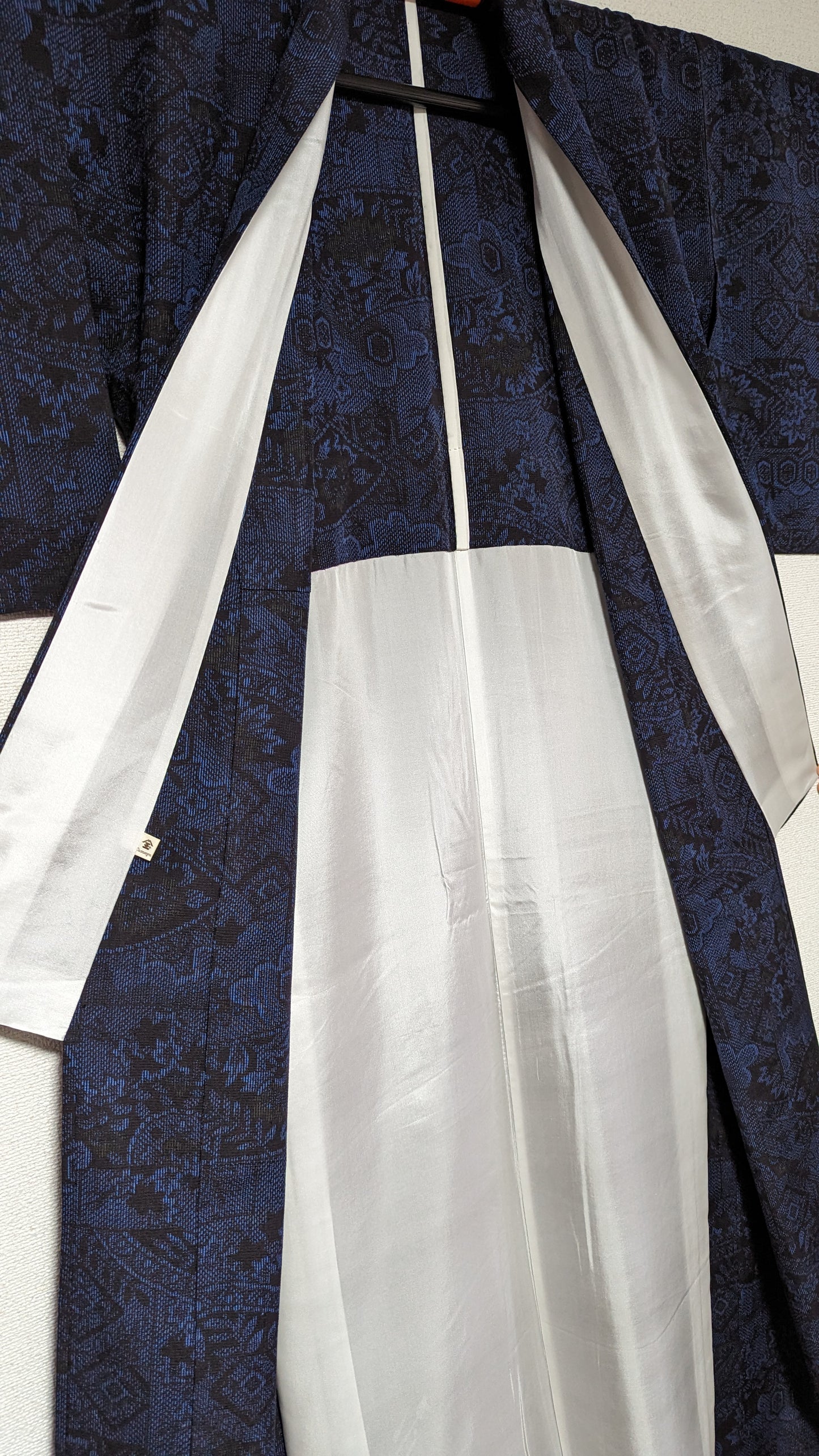 Kimono japonais Pour femme en laine bleu motif noir - Vintage