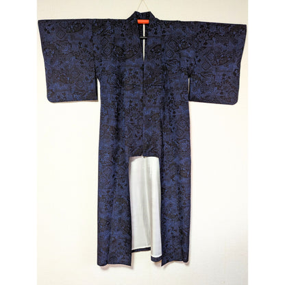 Kimono japonais Pour femme en laine bleu motif noir - Vintage
