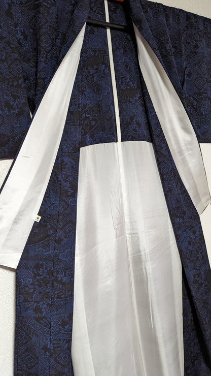 Kimono japonais Pour femme en laine bleu motif noir - Vintage