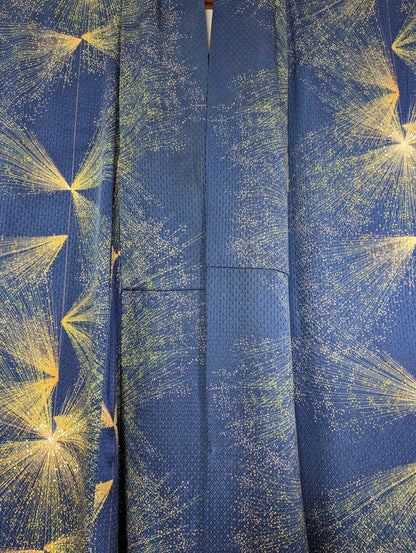 Kimono japonais pour femme en soie bleu avec motif jaune - Vintage