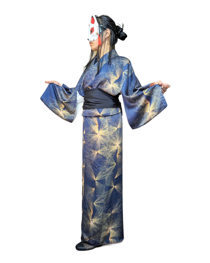 Kimono japonais pour femme en soie bleu avec motif jaune - Vintage