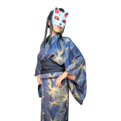 Kimono japonais pour femme en soie bleu avec motif jaune - Vintage