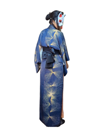 Kimono japonais pour femme en soie bleu avec motif jaune - Vintage