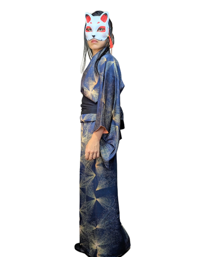 Kimono japonais pour femme en soie bleu avec motif jaune - Vintage