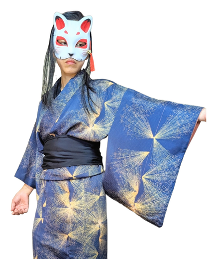 Kimono japonais pour femme en soie bleu avec motif jaune - Vintage