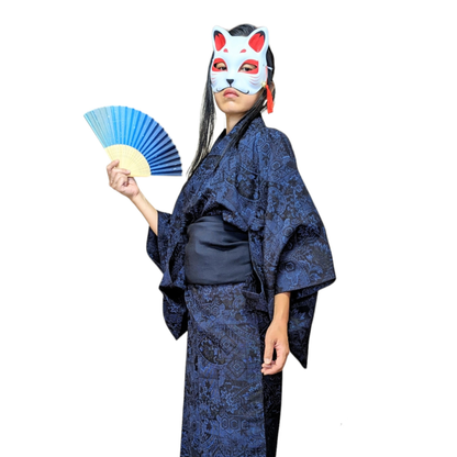 Kimono japonais Pour femme en laine bleu motif noir - Vintage