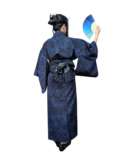 Kimono japonais Pour femme en laine bleu motif noir - Vintage