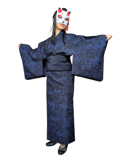 Kimono japonais Pour femme en laine bleu motif noir - Vintage