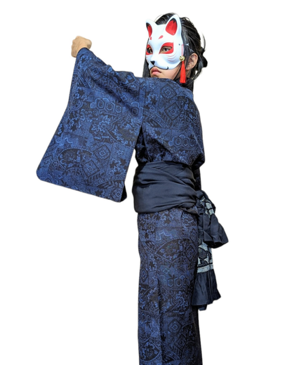 Kimono japonais Pour femme en laine bleu motif noir - Vintage
