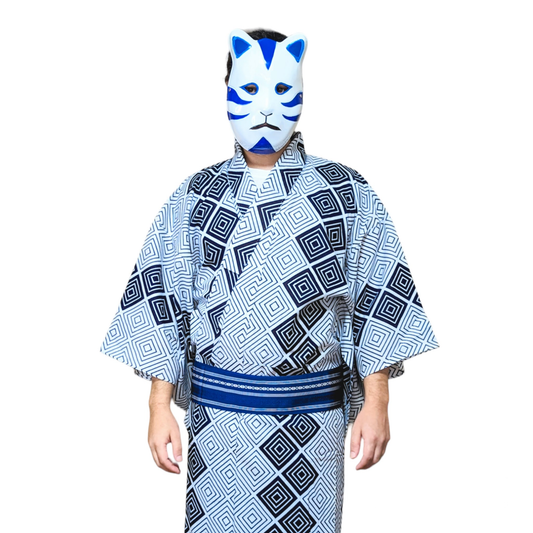 Yukata homme en coton blanc et bleu- Motif mimasu - Vintage