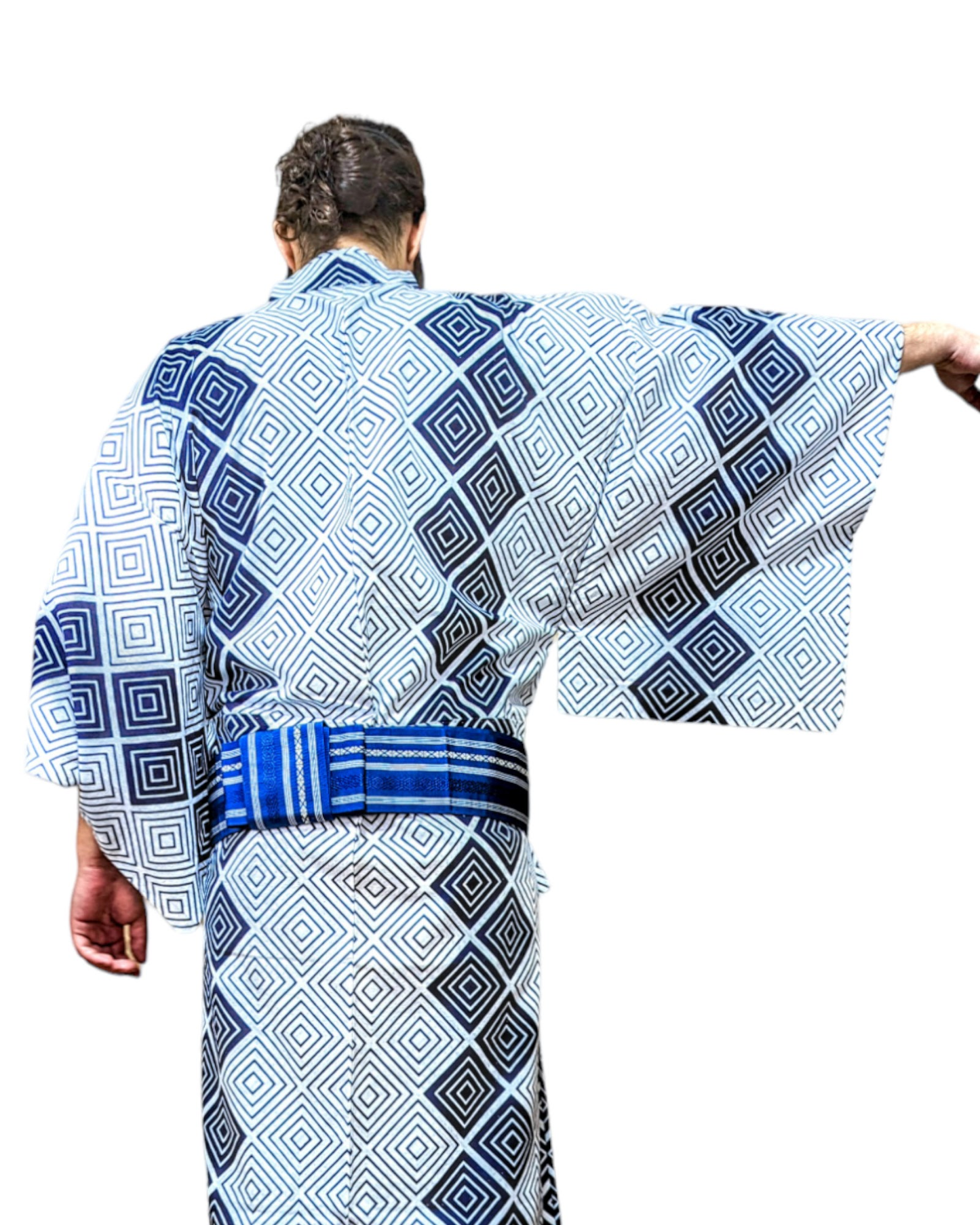 Yukata homme en coton blanc et bleu- Motif mimasu - Vintage