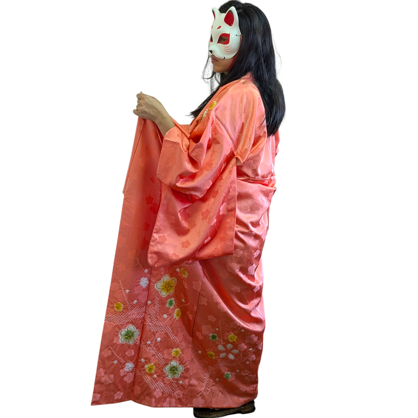 Kimono japonais pour femme en soie - Corail motifs fleurs - Vintage