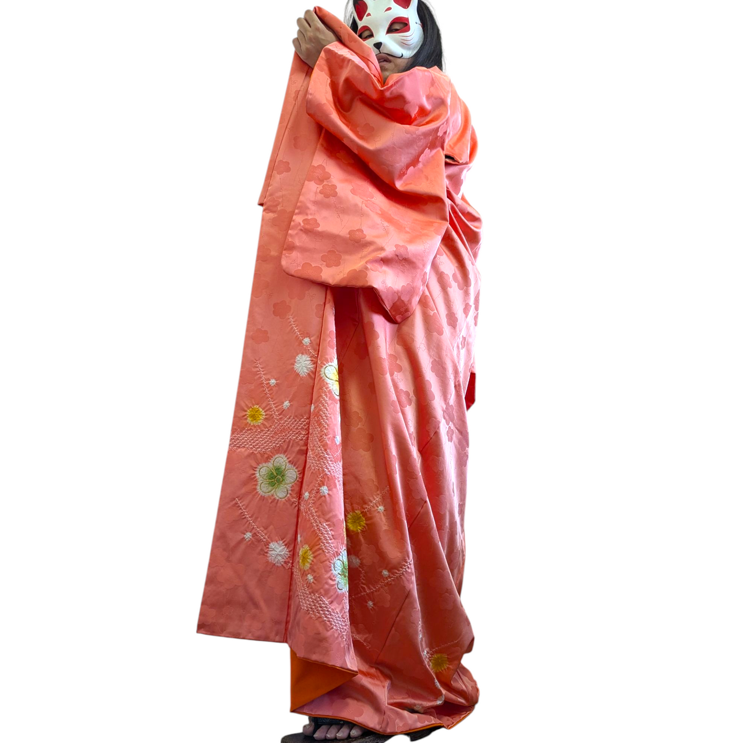 Kimono japonais pour femme en soie - Corail motifs fleurs - Vintage