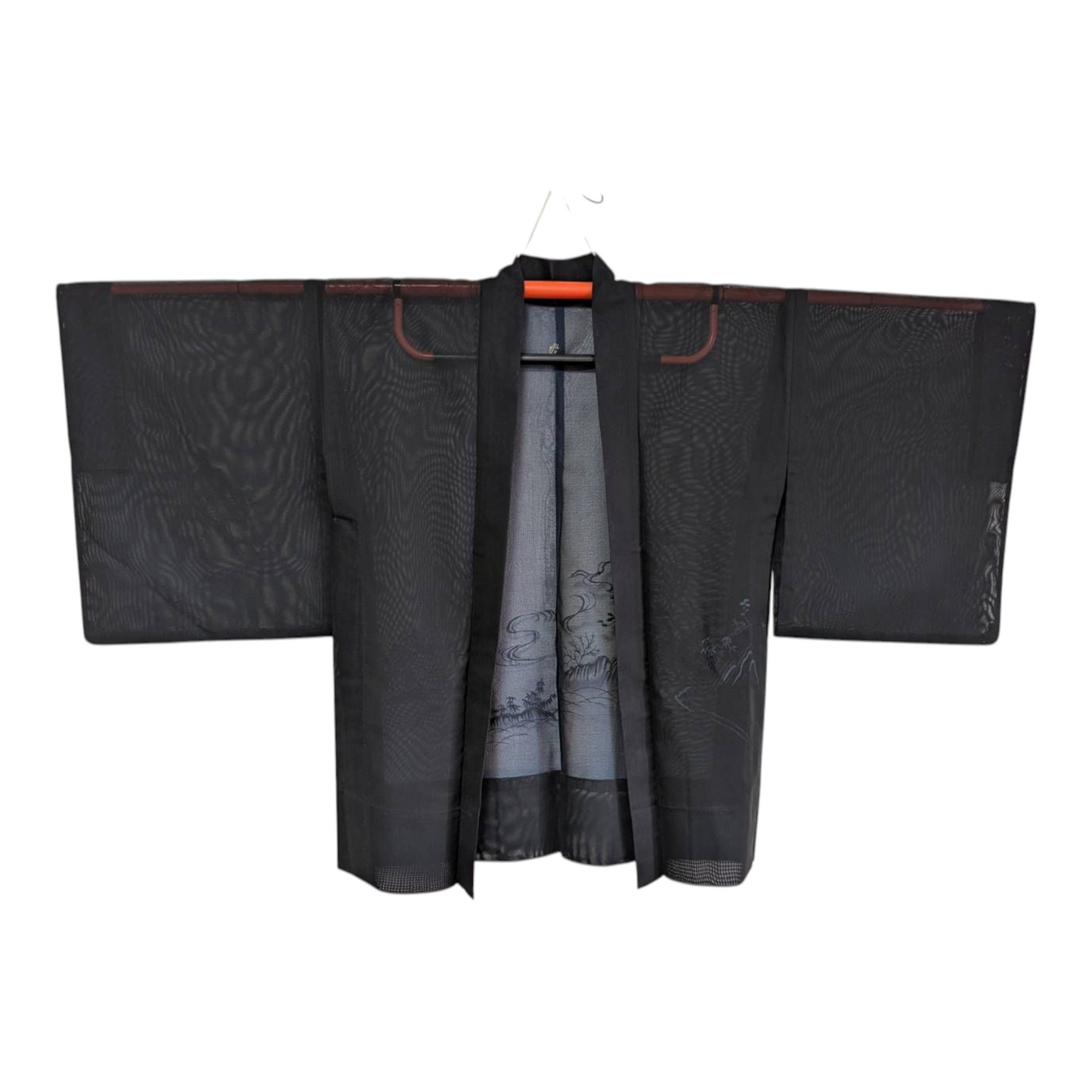 Haori pour femme en soie noir transparent avec des motif de nature - Vintage