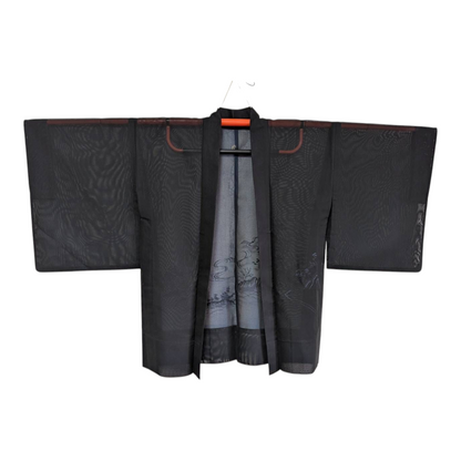 Haori pour femme en soie noir transparent avec des motif de nature - Vintage