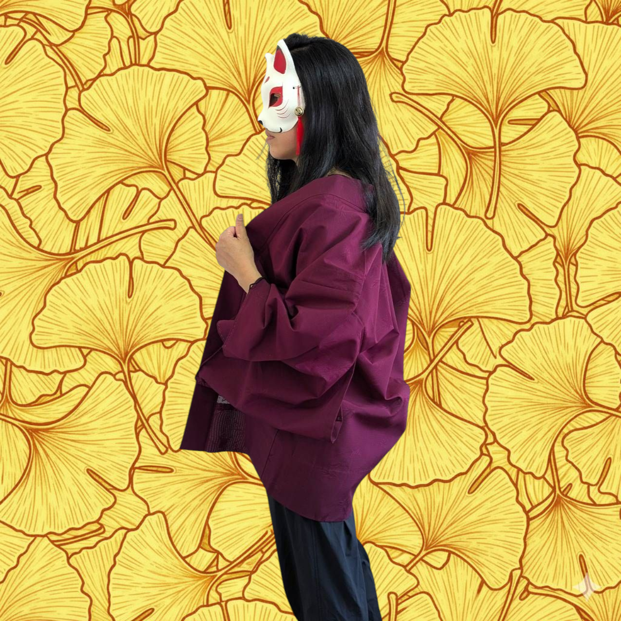 Haori femme en soie rouge bourgogne transparent motifs érable japonais - Vintage