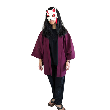 Women's haori in sheer burgundy silk with Japanese maple motifs - Vintage