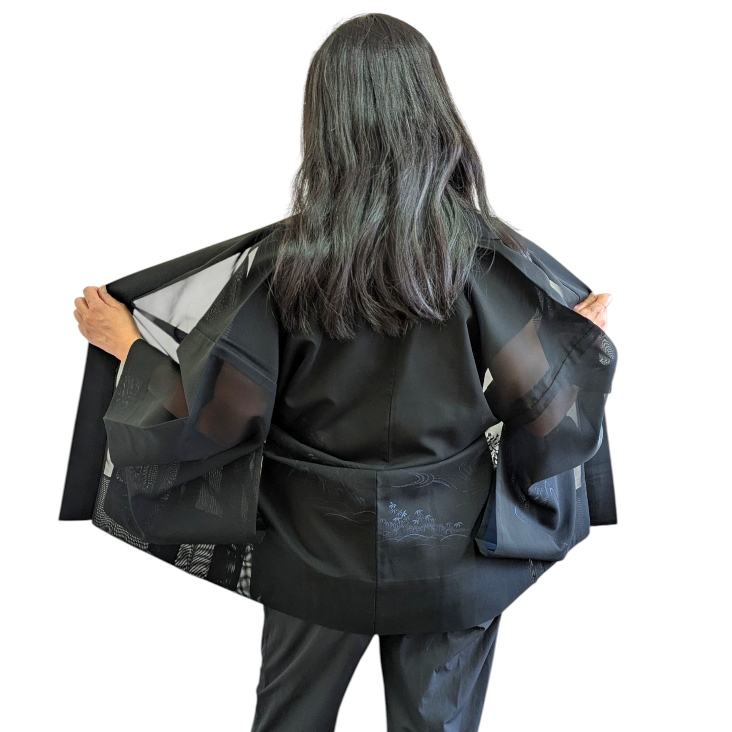 Haori pour femme en soie noir transparent avec des motif de nature - Vintage