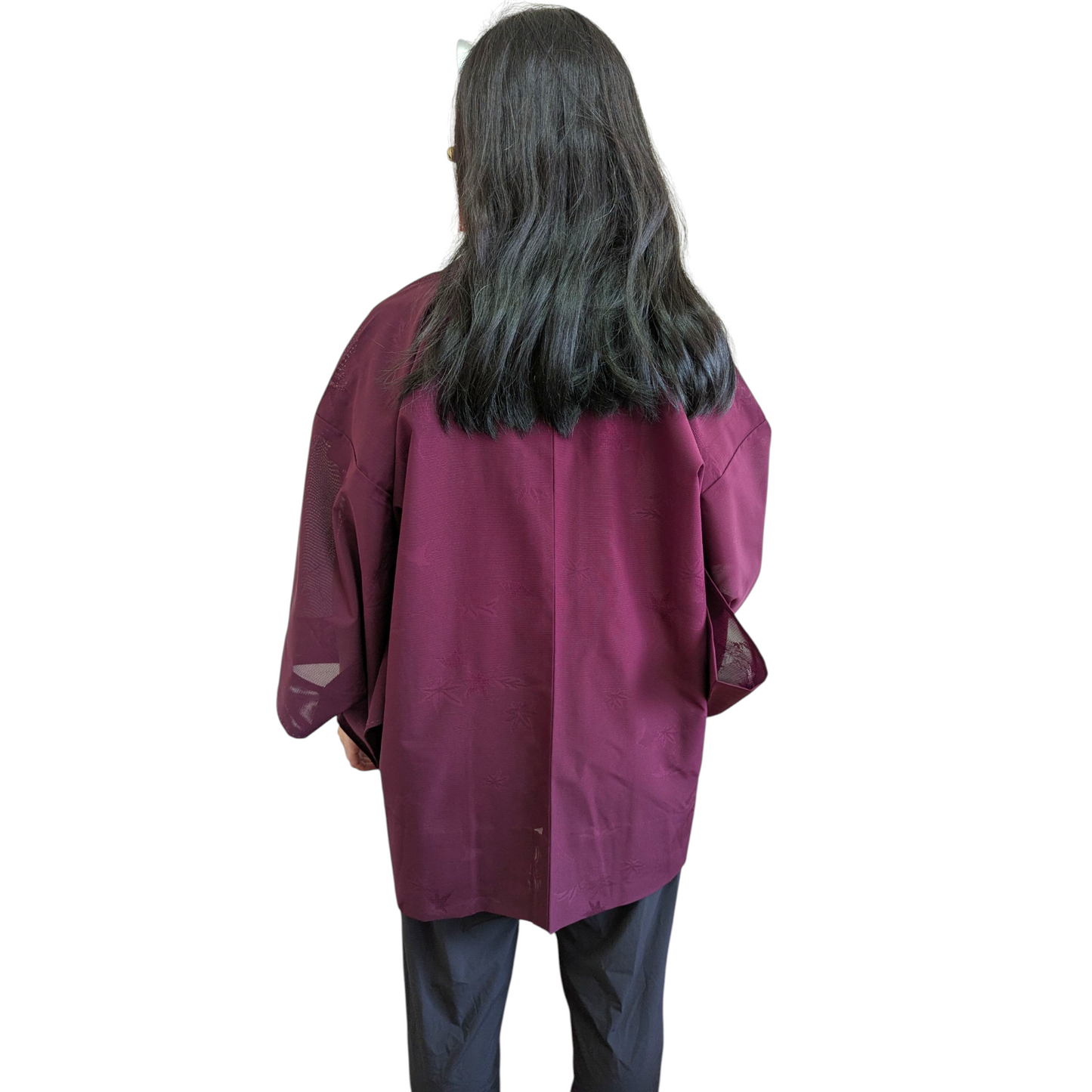 Haori femme en soie rouge bourgogne transparent motifs érable japonais - Vintage