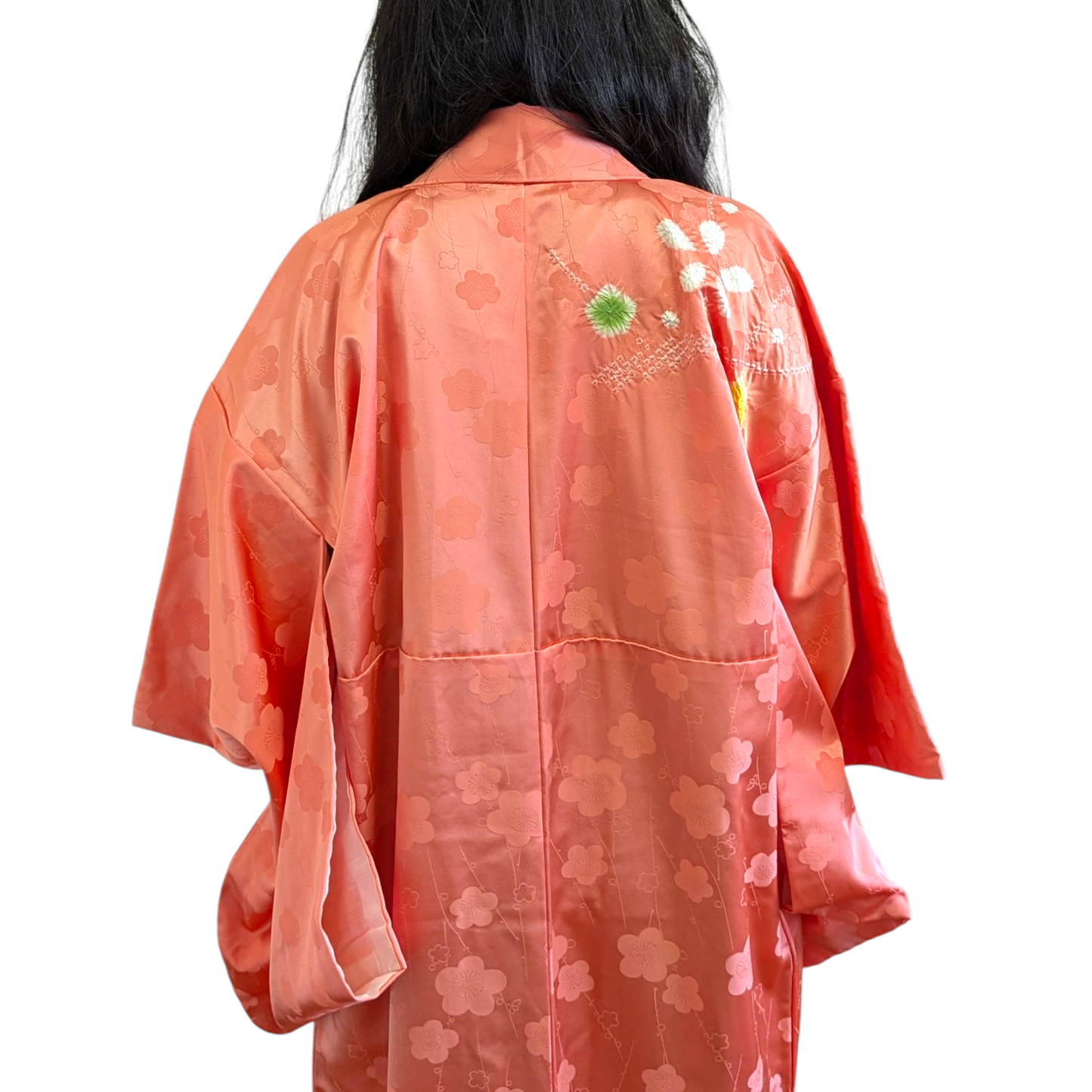 Kimono japonais pour femme en soie - Corail motifs fleurs - Vintage