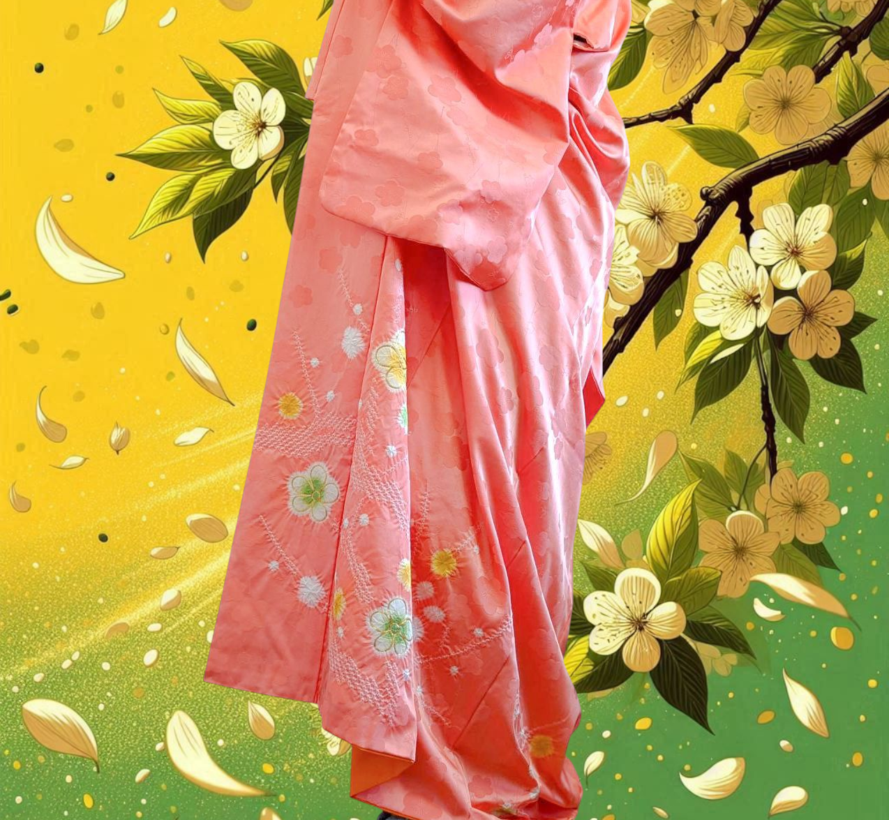 Kimono japonais pour femme en soie - Corail motifs fleurs - Vintage