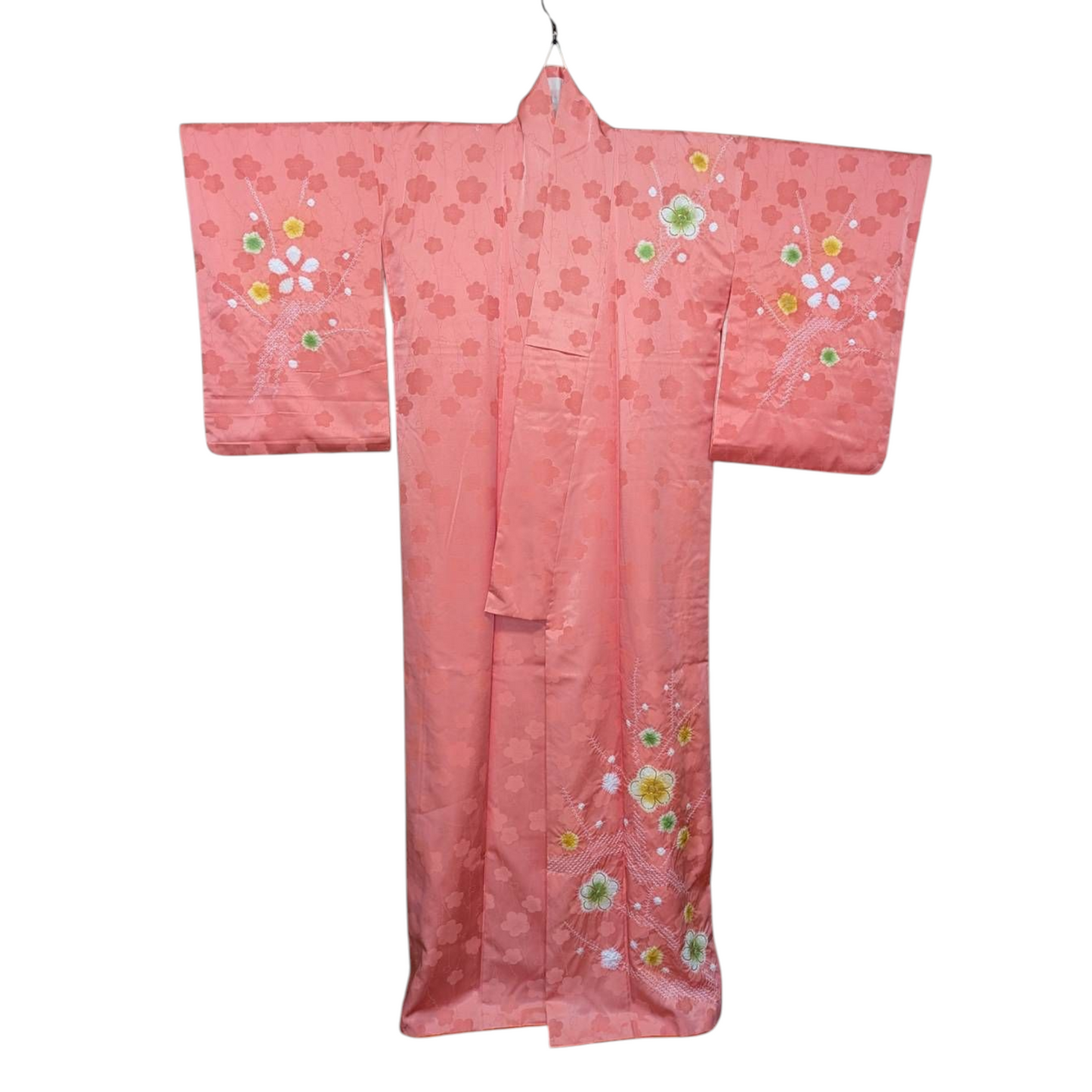 Kimono japonais pour femme en soie - Corail motifs fleurs - Vintage