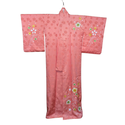 Kimono japonais pour femme en soie - Corail motifs fleurs - Vintage