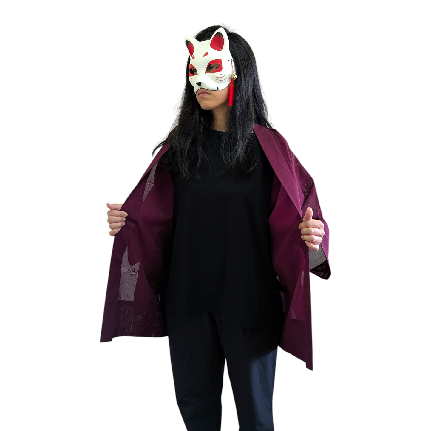 Haori femme en soie rouge bourgogne transparent motifs érable japonais - Vintage