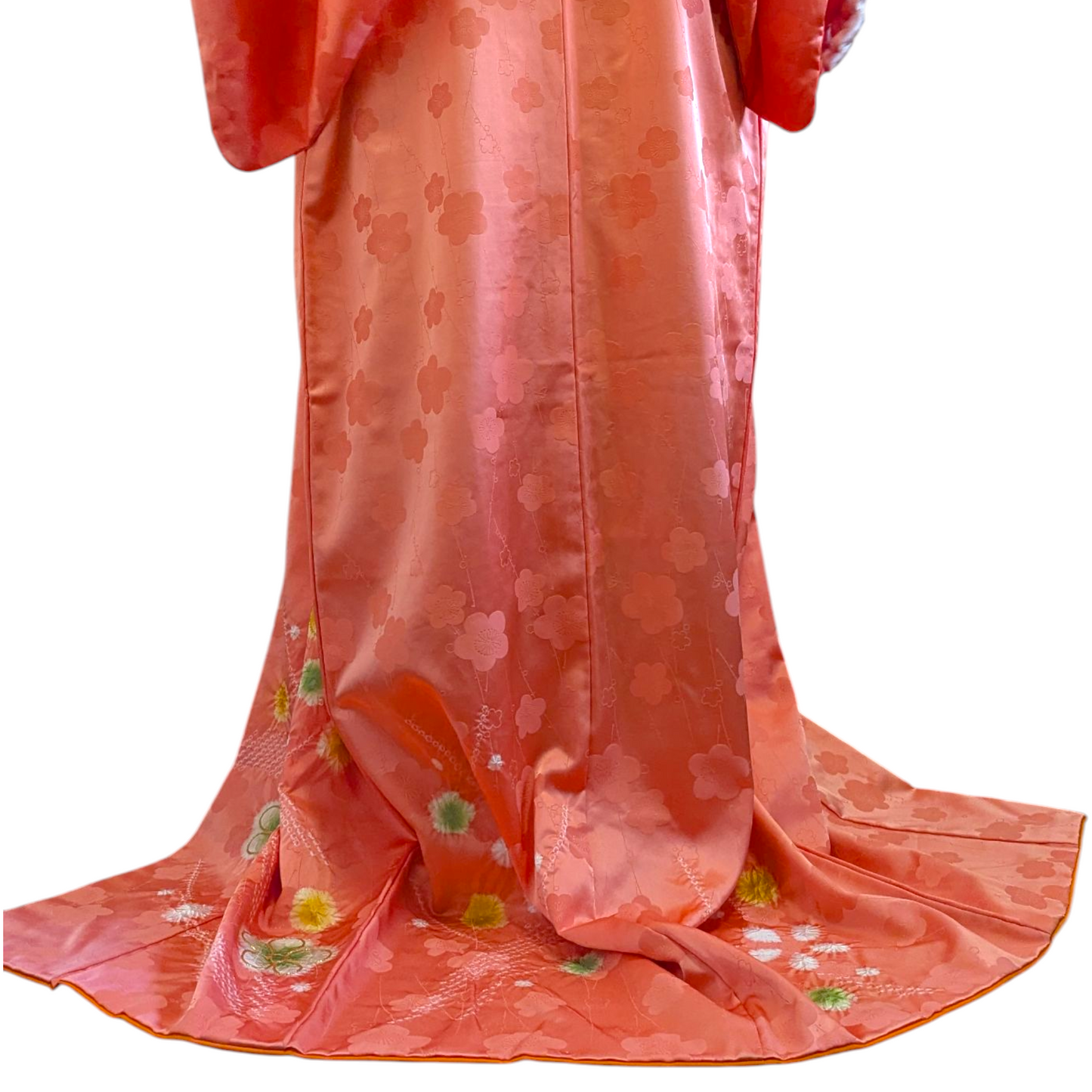 Kimono japonais pour femme en soie - Corail motifs fleurs - Vintage