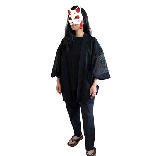 Haori pour femme en soie noir transparent avec des motif de nature - Vintage