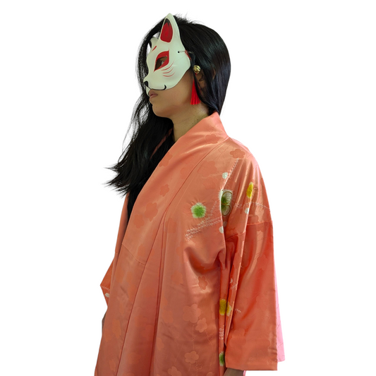 Kimono japonais pour femme en soie - Corail motifs fleurs - Vintage