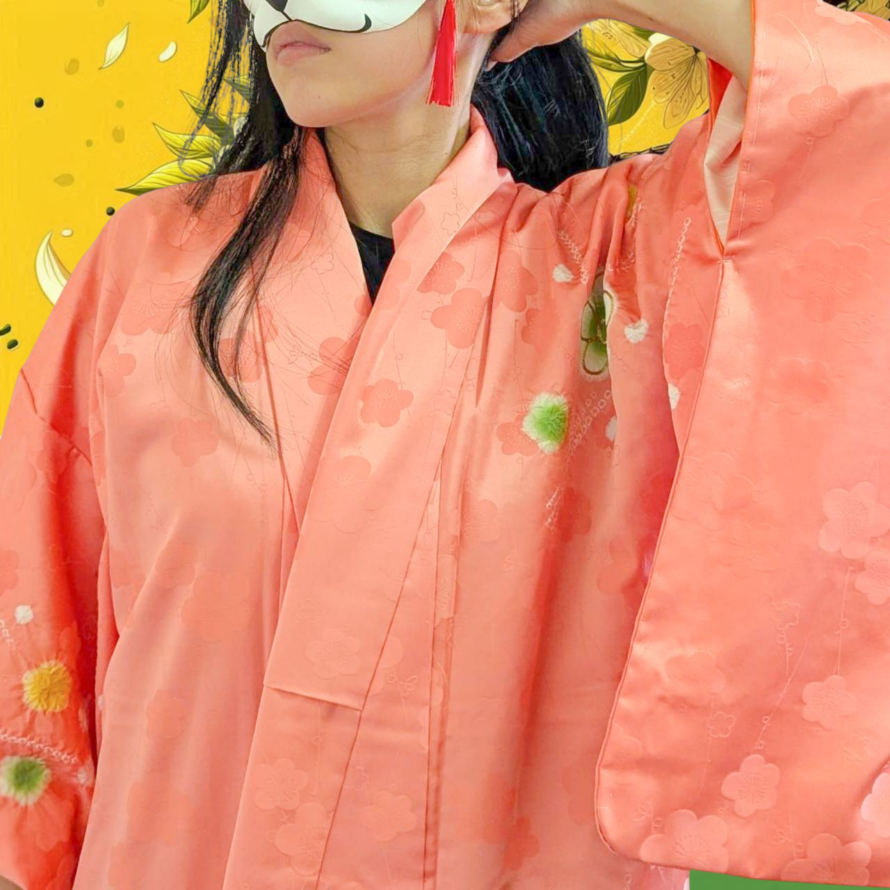 Kimono japonais pour femme en soie - Corail motifs fleurs - Vintage