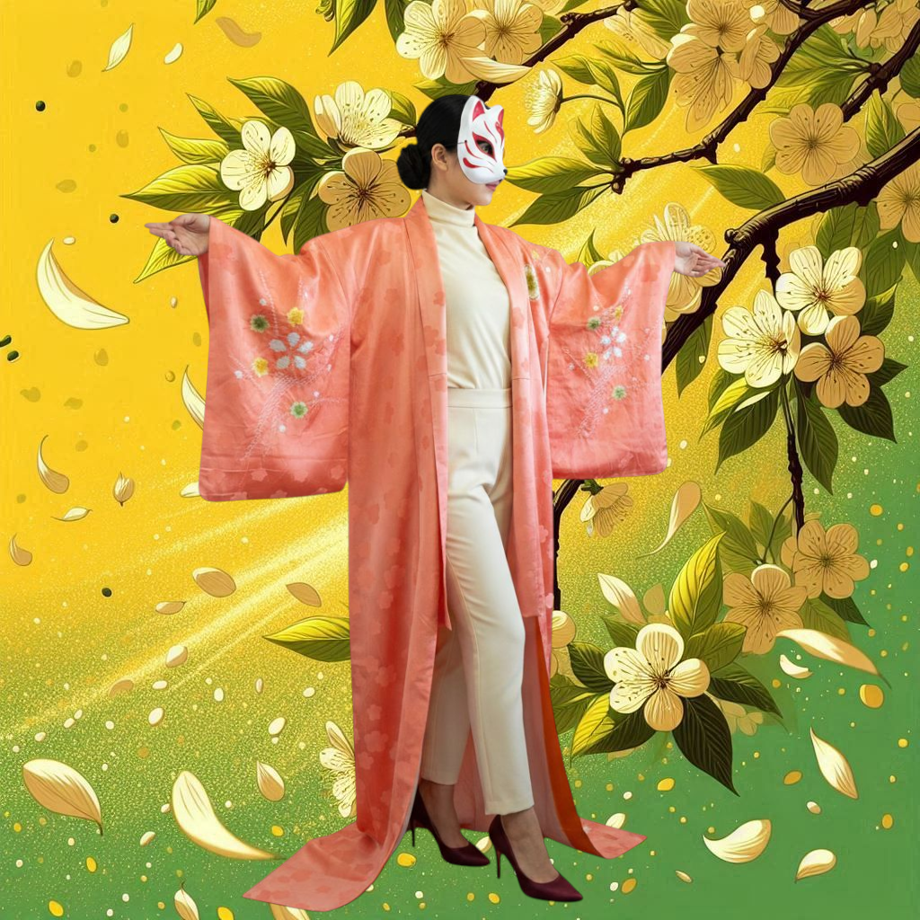 Kimono japonais pour femme en soie - Corail motifs fleurs - Vintage