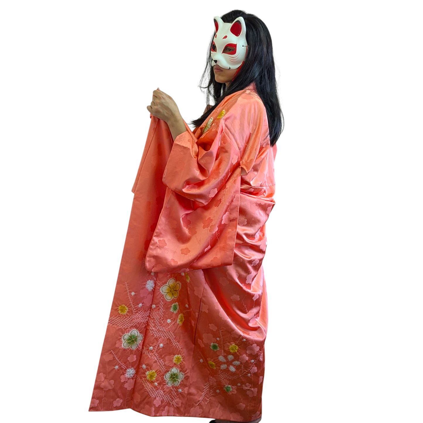 Kimono japonais pour femme en soie - Corail motifs fleurs - Vintage