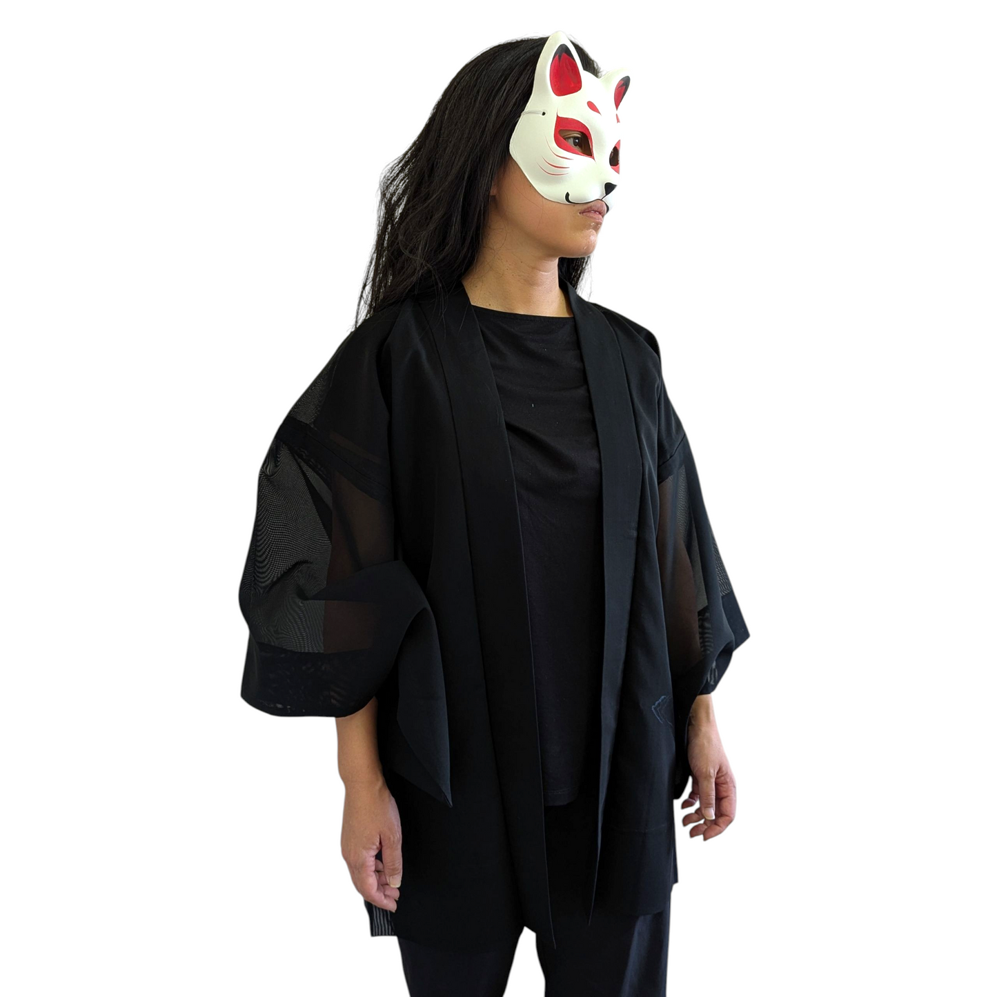 Haori pour femme en soie noir transparent avec des motif de nature - Vintage