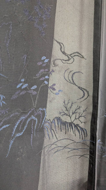 Haori pour femme en soie noir transparent avec des motif de nature - Vintage
