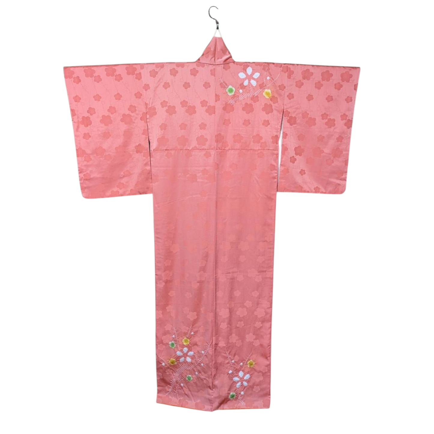 Kimono japonais pour femme en soie - Corail motifs fleurs - Vintage