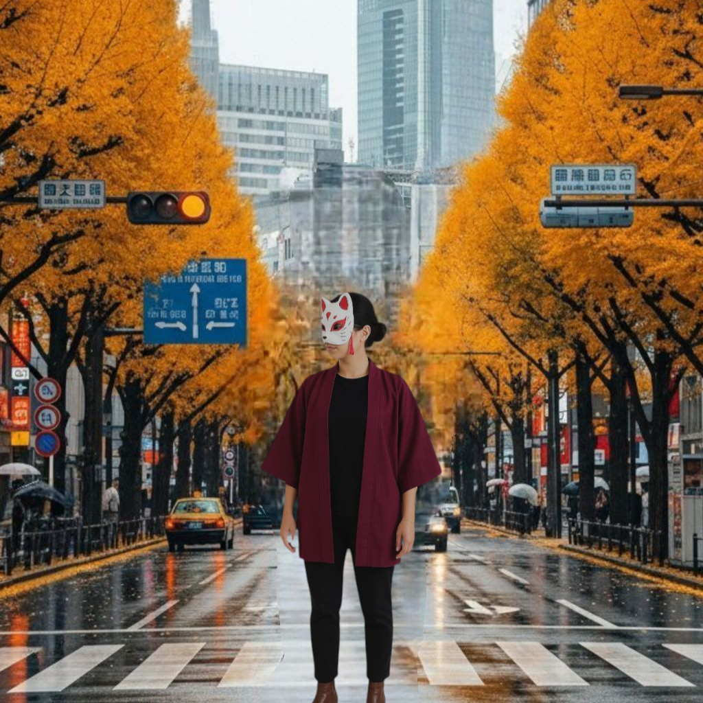 Haori femme en soie rouge bourgogne transparent motifs érable japonais - Vintage