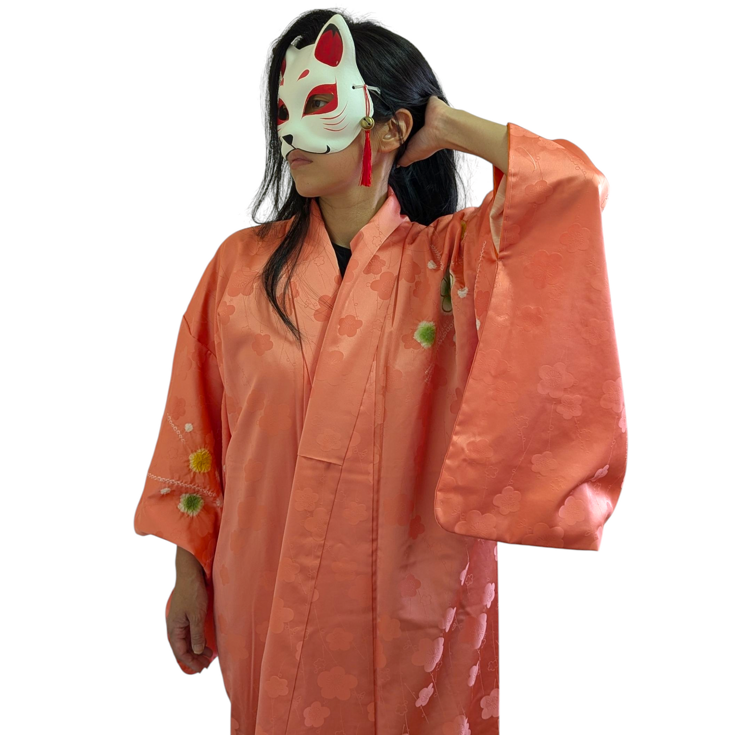 Kimono japonais pour femme en soie - Corail motifs fleurs - Vintage