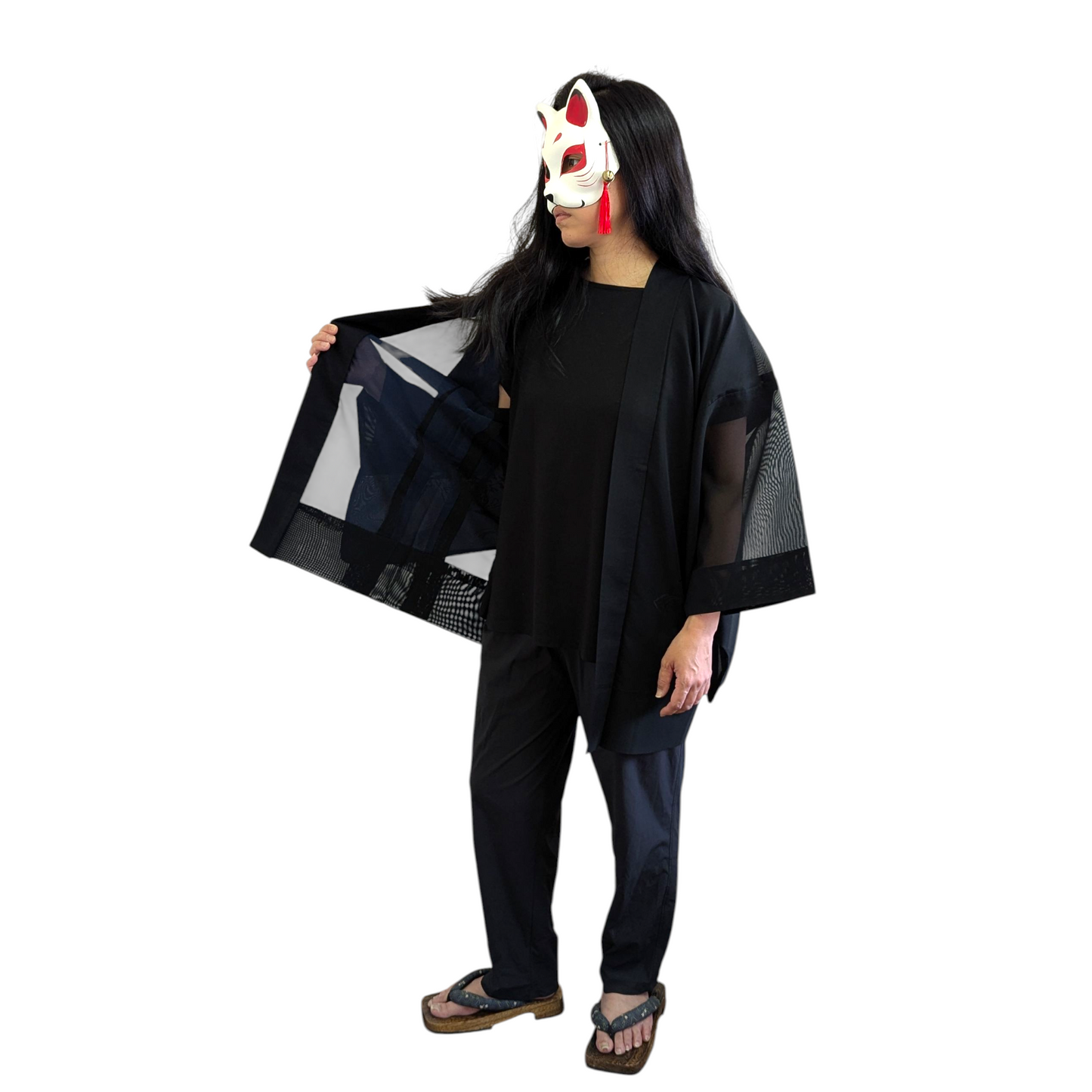 Haori pour femme en soie noir transparent avec des motif de nature - Vintage