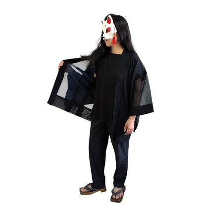 Haori pour femme en soie noir transparent avec des motif de nature - Vintage